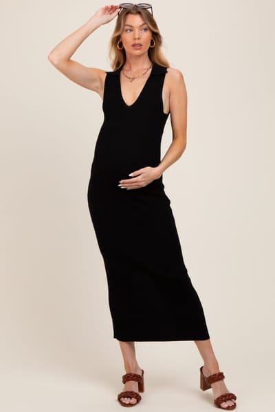 Dress Forum Black Knit Collared Deep V-Neck Maternity Maxi Dress