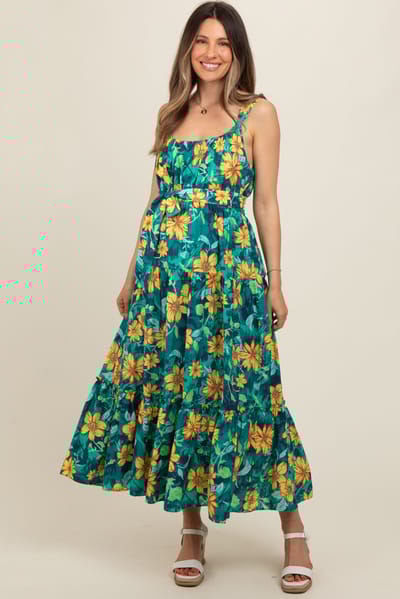 PinkBlush Yellow Floral Tiered Sash Tie Maternity Midi Dress