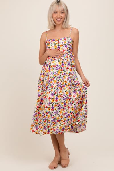 Gilli Ivory Floral Cami Strap Maternity Midi Dress