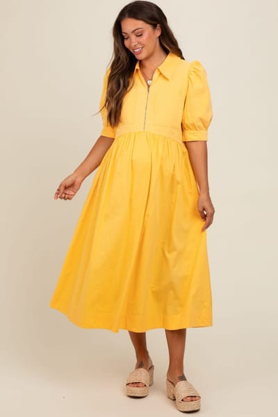PinkBlush Yellow Half Zip Maternity Midi Dress