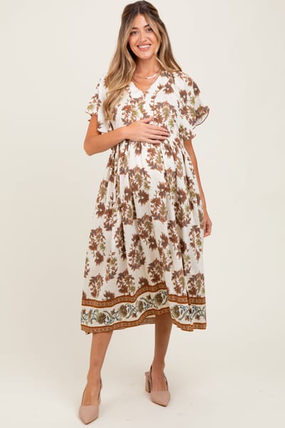 PinkBlush Mocha Floral V-Neck Button Detail Maternity Mid Dress