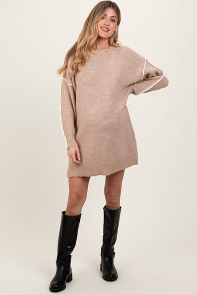 Miss Love Beige Turtleneck Colorblock Contrast Trim Maternity Sweater Dress