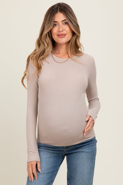 Wishlist Beige Ribbed Maternity Long Sleeve Top