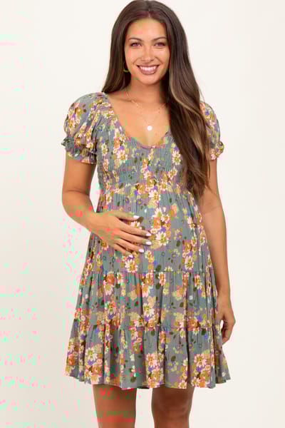 PinkBlush Olive Floral Smocked V-Neck Puff Sleeve Maternity Dress
