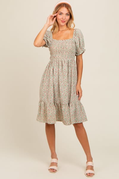 Elloh Light Olive Floral Smocked Dress