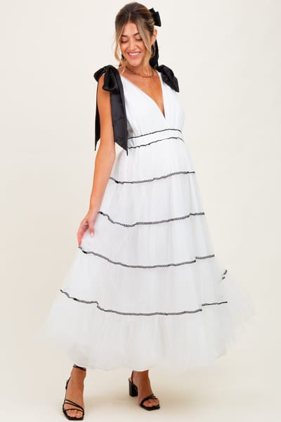 Mable White Shoulder Bow Tie Lace Detail Tulle Maternity Midi Dress