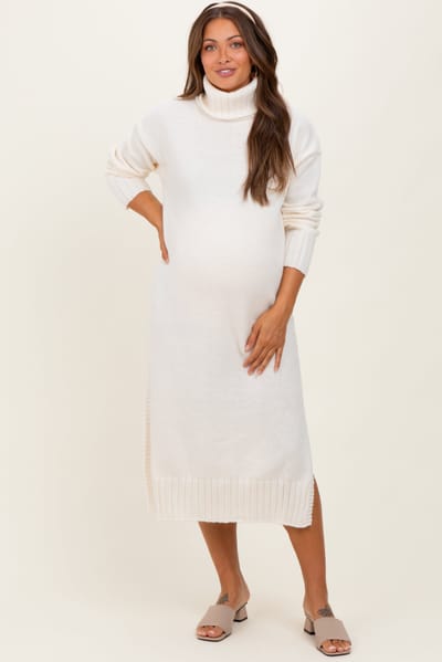 PinkBlush Cream Turtleneck Chunky Knit Maternity Midi Sweater Dress