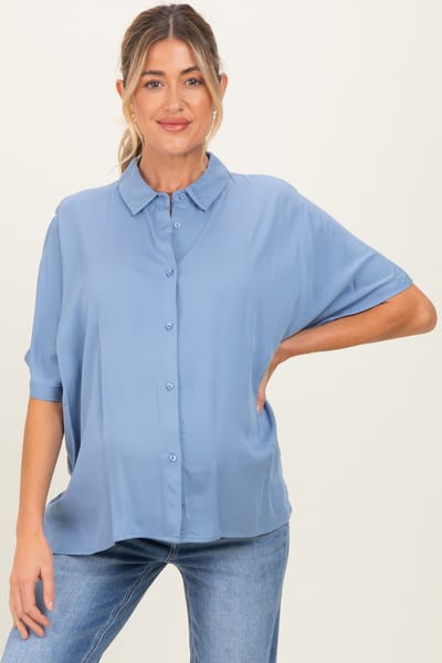 PinkBlush Light Blue Dolman Sleeve Button Down Maternity Blouse
