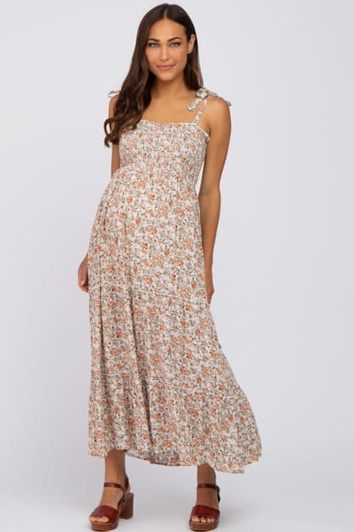 PinkBlush Beige Floral Sleeveless Tiered Maternity Maxi Dress