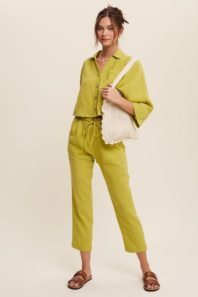 Listicle Light Green Long Sleeve Button Down And Long Pants Sets