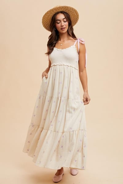 In Loom Cream Embroidered Smocked Shoulder Tie Maxi Dress