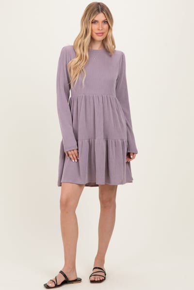 Heimish Lavender Textured Rib Tiered Long Sleeve Dress