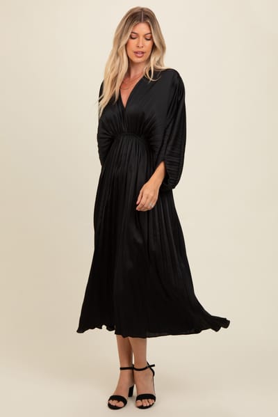 Dress Day Black Satin Pleated V-Neck Maxi Dress