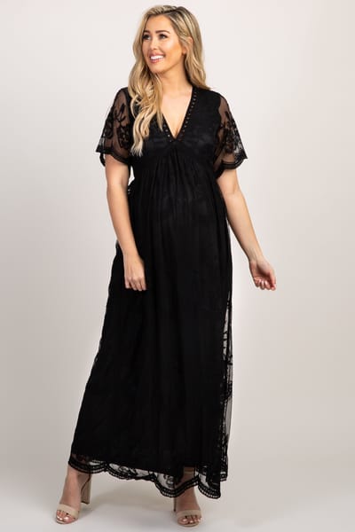 PinkBlush PinkBlush Black Lace Mesh Overlay Maternity Maxi Dress