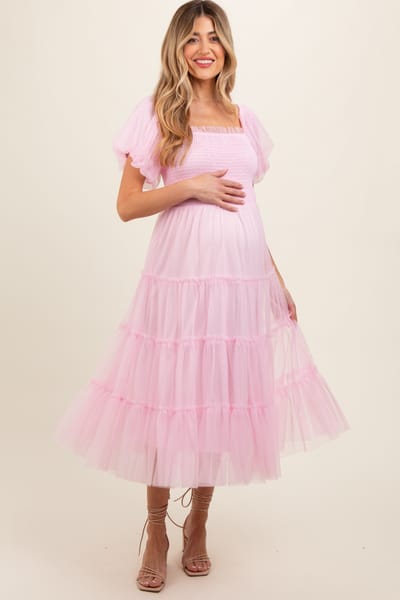 Listicle Light Pink Smocked Tiered Tulle Maternity Midi Dress