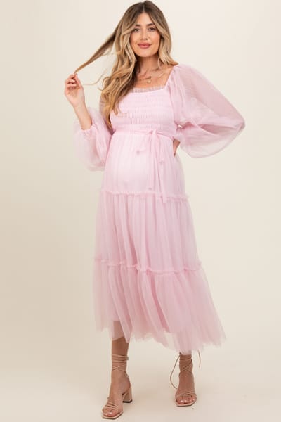 Listicle Pink Mesh Tiered Long Sleeve Maternity Maxi Dress