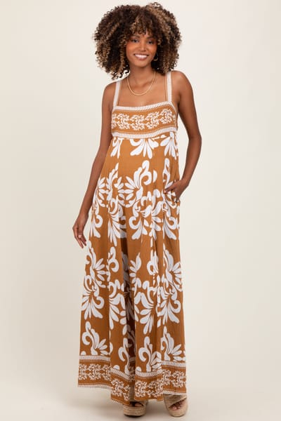 In Loom Camel Resort Border Print Maternity Maxi Dress
