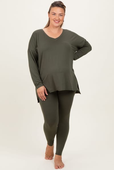 PinkBlush Olive Brushed Knit Oversized Top and Legging Maternity Plus Set