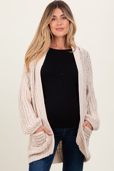 Miracle Beige Chunky Knit Oversized Maternity Pocket Cardigan