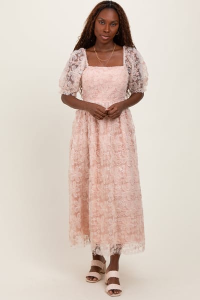 In February Light Pink Floral Mesh Overlay Tie Back Midi Dress