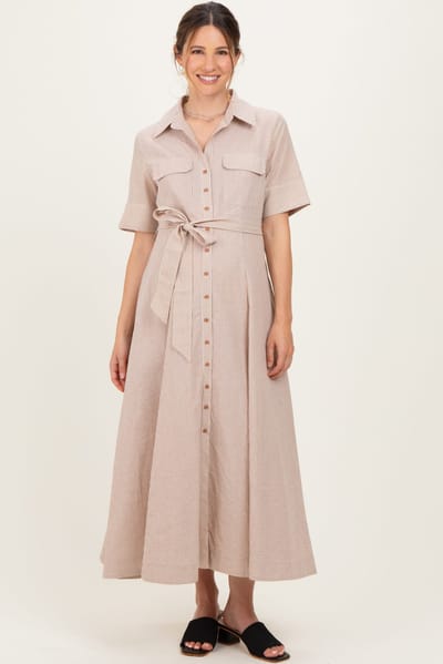 PinkBlush Beige Striped Cotton Button Down Maternity Maxi Dress