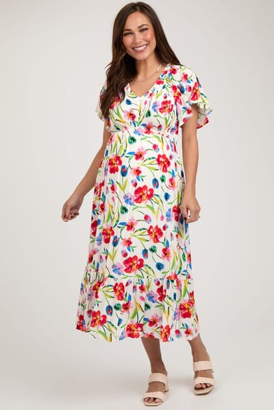 PinkBlush Ivory Floral Flutter Sleeve Smocked Maternity Midi Dress