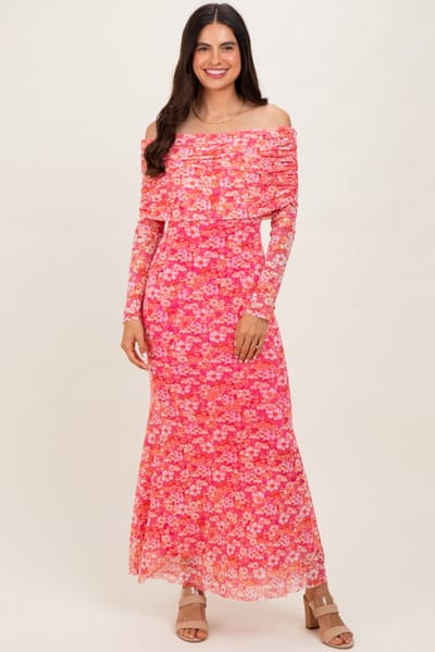 Sky To Moon Pink Floral Mesh Off Shoulder Long Sleeve Maxi Dress
