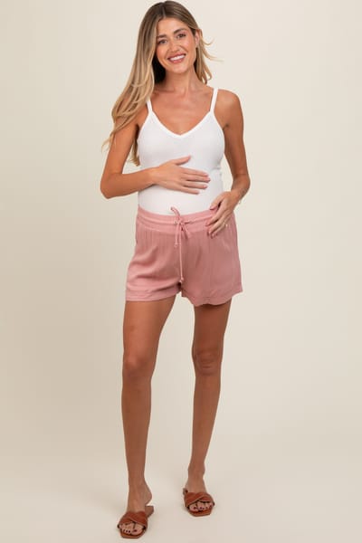 Hem & Thread Pink Drawstring Waist Tie Maternity Shorts
