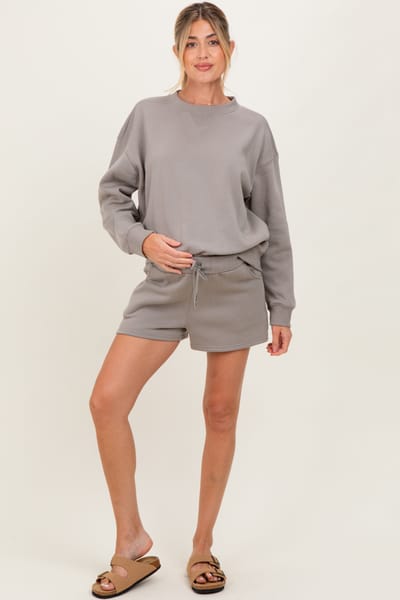 Zenana Outfitters Taupe Fleece Sweatshirt Shorts Maternity Set