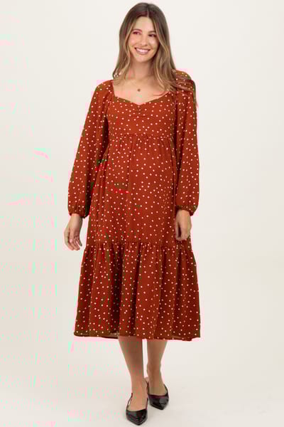 Elloh Rust Polka Dots Sweetheart Neck Maternity Midi Dress