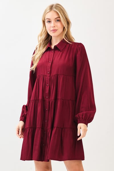 Mitto Burgundy Balloon Sleeve Tiered Shirt Dress