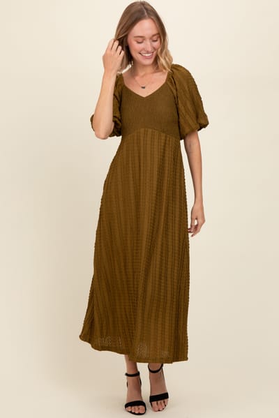 Polagram Olive Smocked V-Neck Short Puff Sleeve Textured Midi Dress