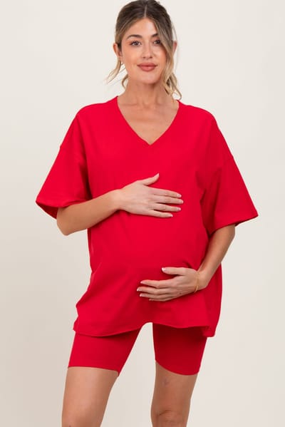 PinkBlush Red Oversized V-Neck Biker Short Maternity Set