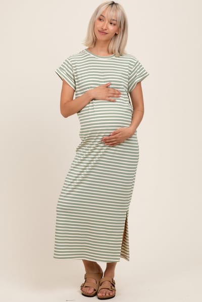 Polagram Olive Striped Maternity Midi T-Shirt Dress
