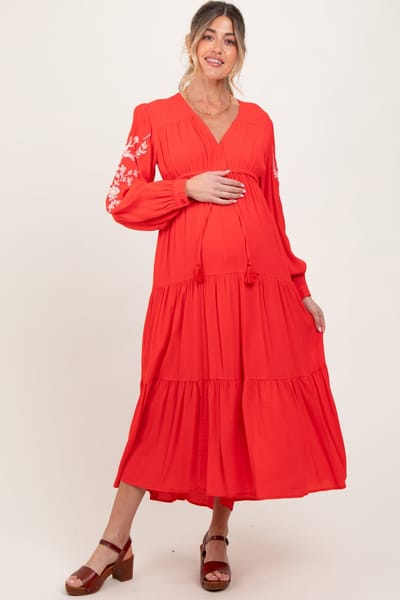PinkBlush Red Embroidered Long Sleeve Maternity Maxi Dress