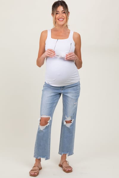 PinkBlush Light Blue Distressed Cutout Maternity Straight Leg Ankle Jeans