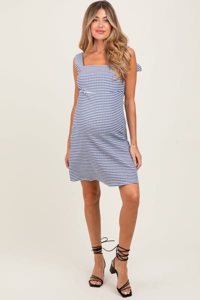 PinkBlush Navy Gingham Square Neck Bow Strap Maternity Dress