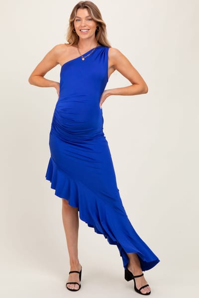 PinkBlush Royal Blue One Shoulder Asymmetrical Ruffle Maternity Dress
