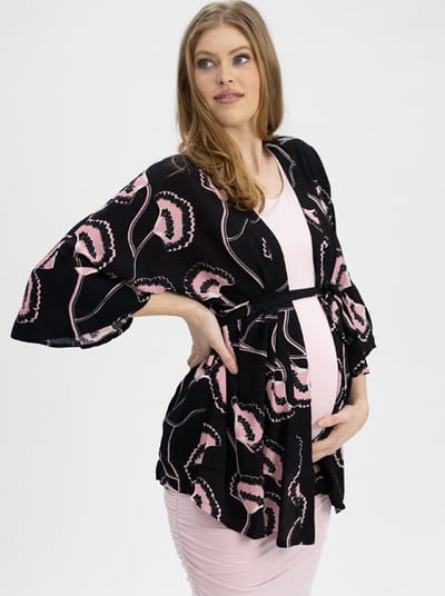 Angel Maternity Loose Fitted Kimono Style Top with Waist Tie - Black & Pink