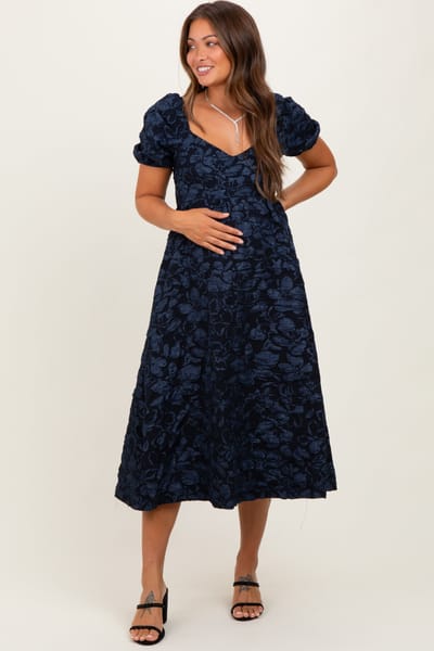 PinkBlush Navy Floral Jacquard Puff Sleeve Maternity Midi Dress