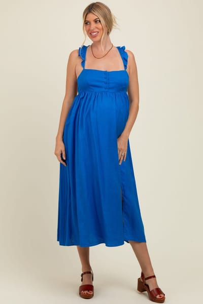 PinkBlush Blue Ruffle Strap Cutout Tie Back Maternity Midi Dress