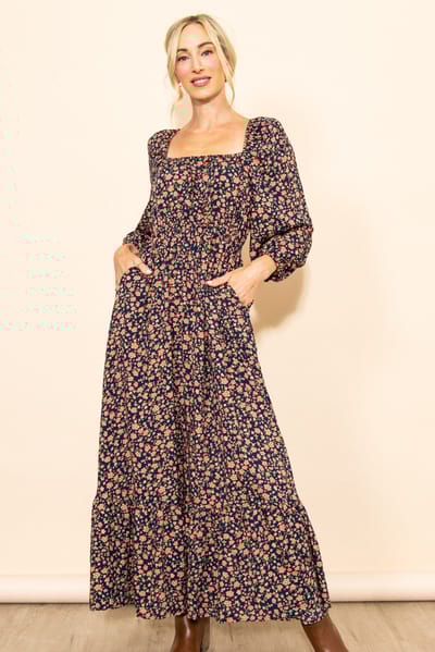 Elloh Navy Blue Floral Square Neck Ruffle Maxi Dress