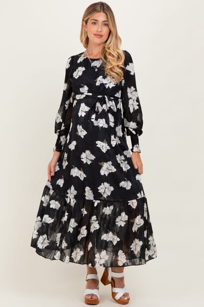In Loom Black Floral Textured Bubble Sleeve Maternity Midi Dress