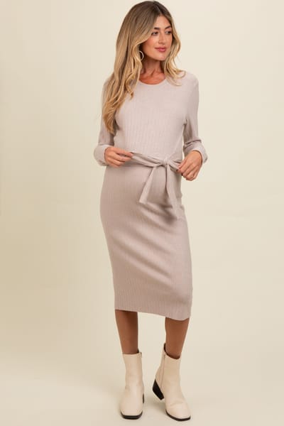 Tea N Rose Beige Ribbed Sash Tie Maternity Midi Sweater Dress