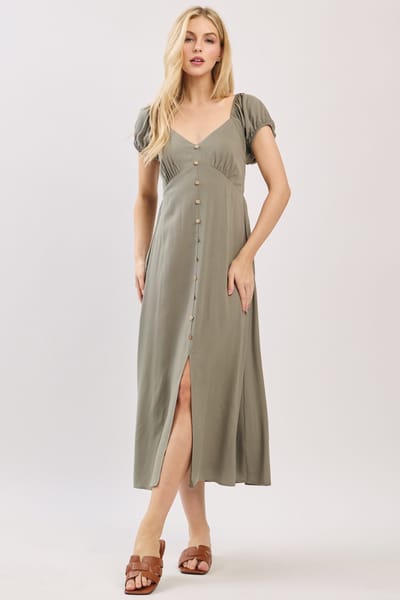 Final Touch Olive Button Accent Front Slit Midi Dress