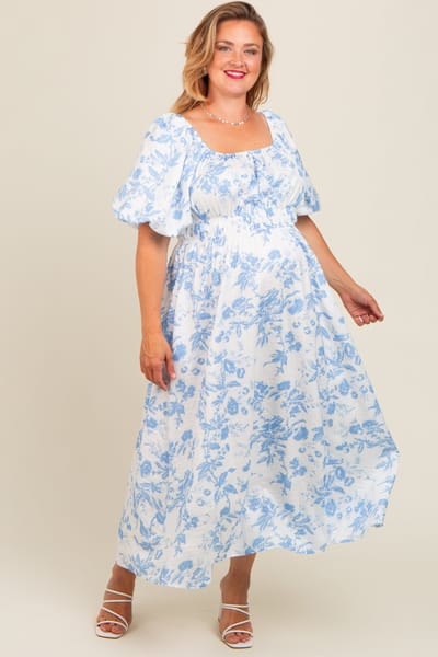 Polagram Blue Floral Puff Sleeve Maternity Plus Midi Dress