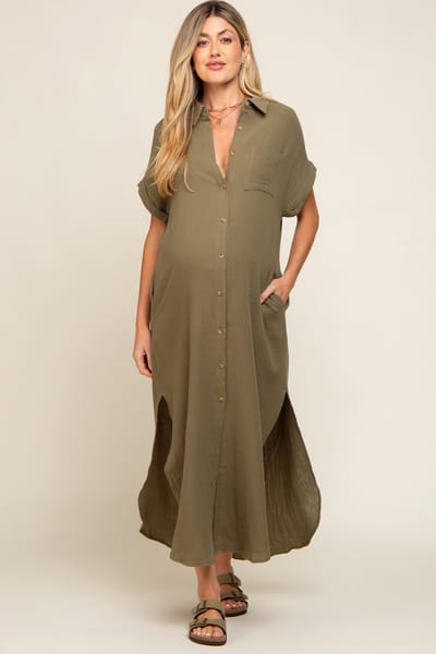 Bluivy Olive Button Down Maternity Midi Dress