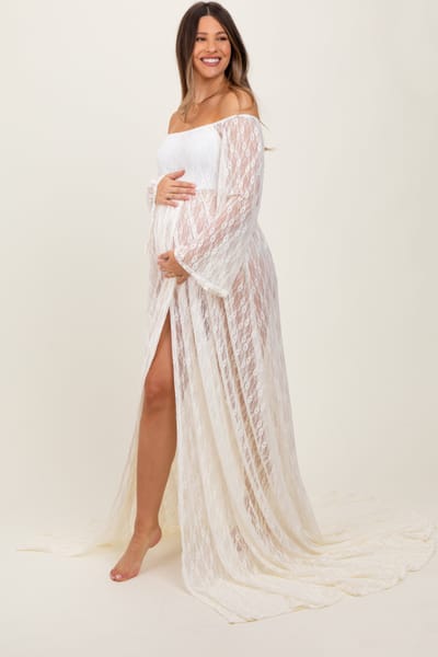 PinkBlush Ivory Lace Off Shoulder Maternity Photoshoot Gown/Dress