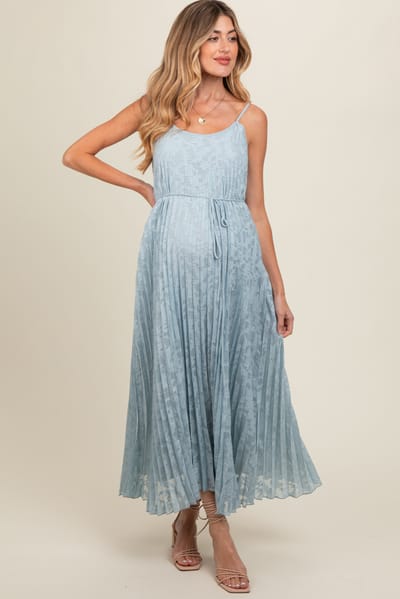 Polagram Light Blue Floral Pleated Maternity Maxi Dress