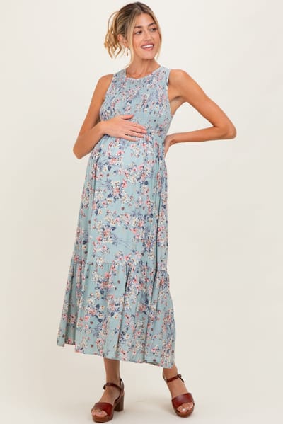 PinkBlush Sage Floral Print Smocked Top Sleeveless Tiered Maternity Maxi Dress
